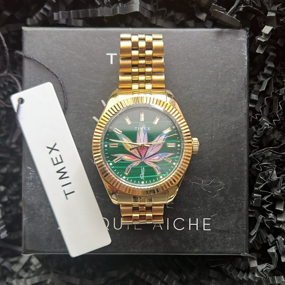 Jacquie Aiche and Timex Goldstone Green-face Lotus Watch! Plastic still on face